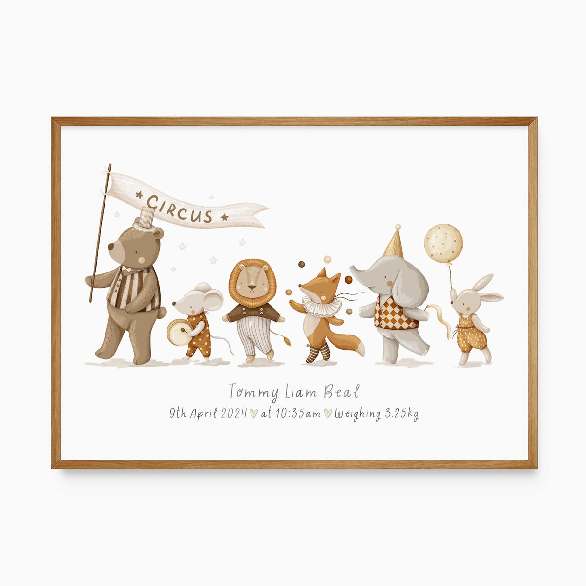 Personalised circus parade birth print with a bear, mouse, lion, fox, elephant and rabbit above the baby’s birth details