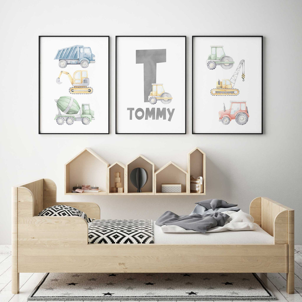 Personalised truck wall art set of 3 with diggers and cement trucks for boys nursery