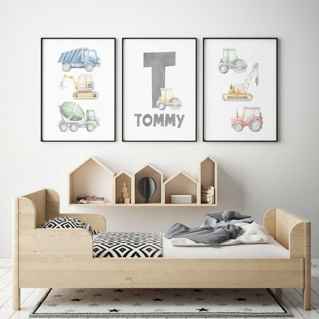 Personalised truck wall art set of 3 with diggers and cement trucks for boys nursery