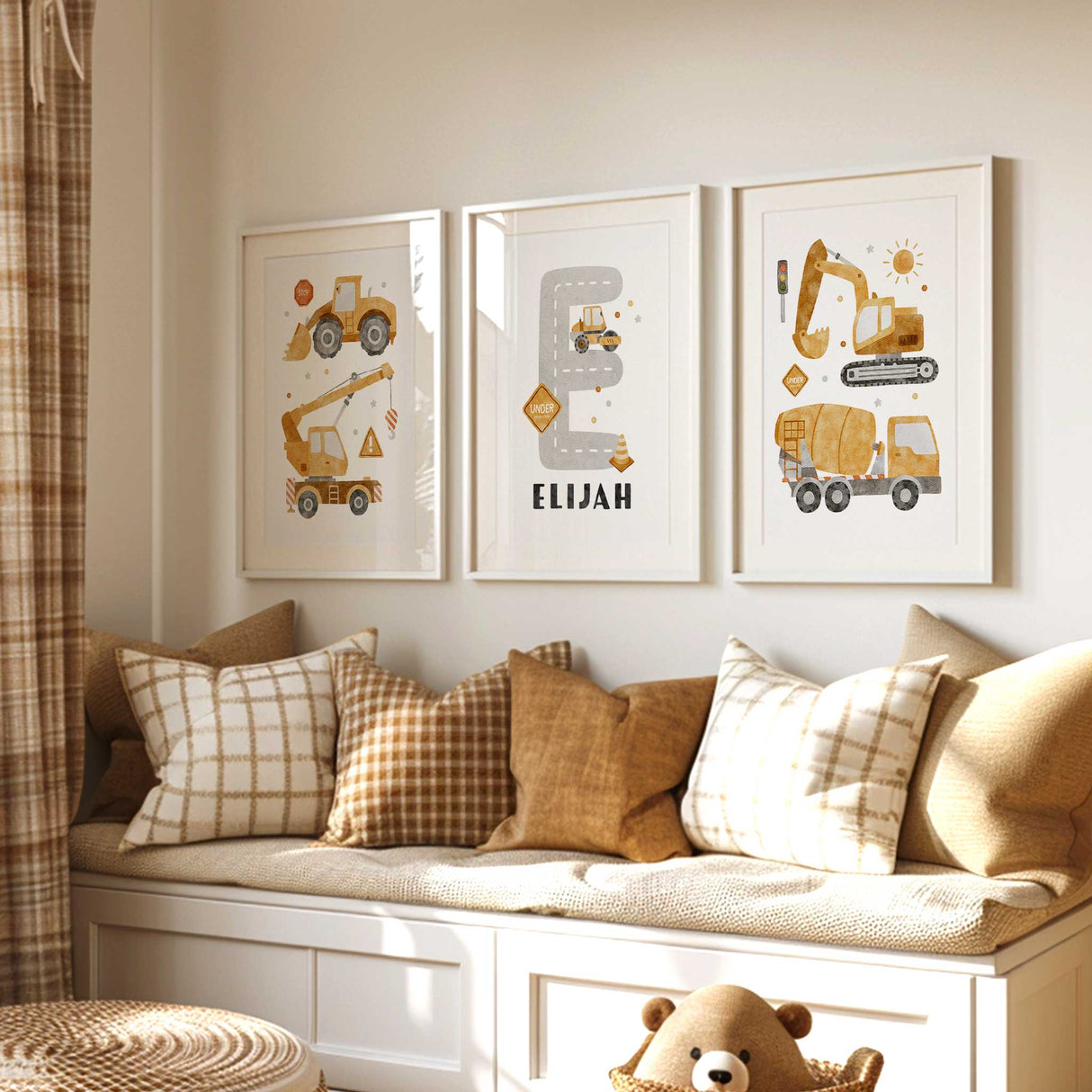 Personalised construction trucks nursery wall art set featuring digger, cement mixer, and crane prints for boys' room decor – custom name included.