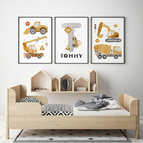 Personalised construction wall art print for boys bedroom or nursery