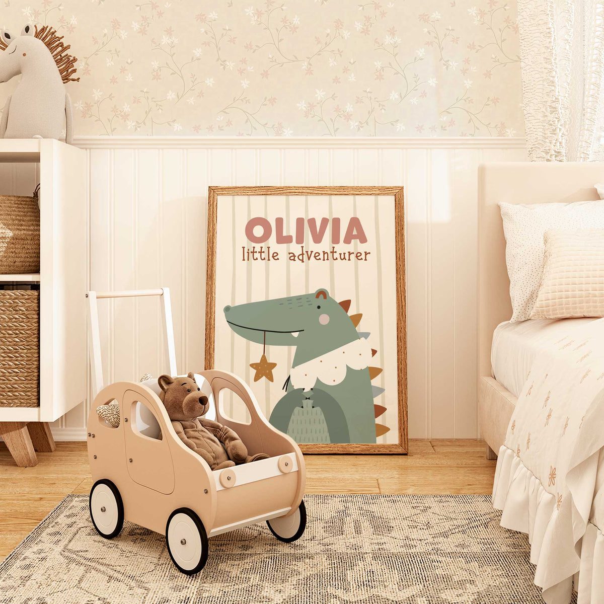 Personalised crocodile safari print with child’s name, little adventurer wording and a softly striped background for a kids room.