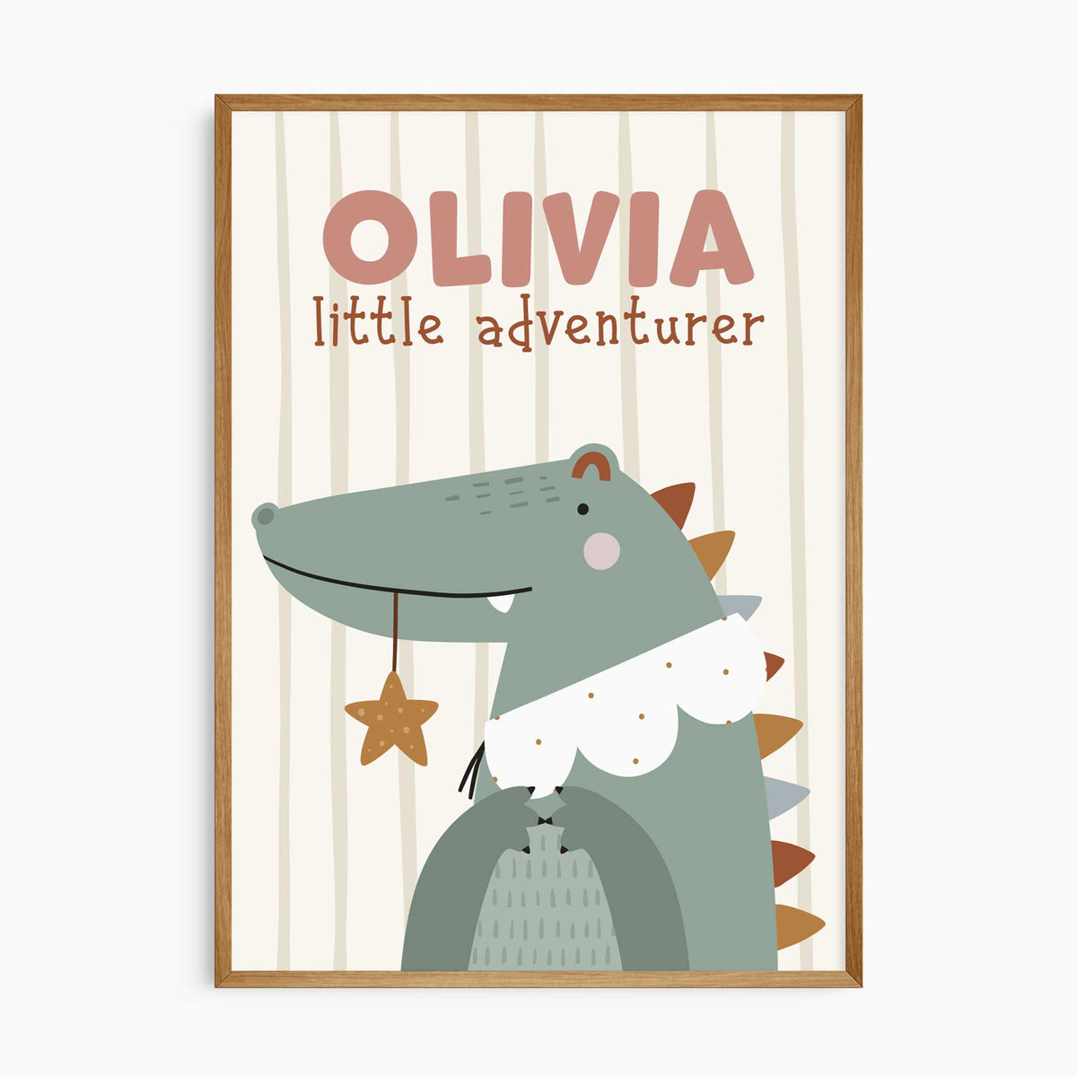 Crocodile nursery wall art personalised with a child’s name, star details and little adventurer wording.