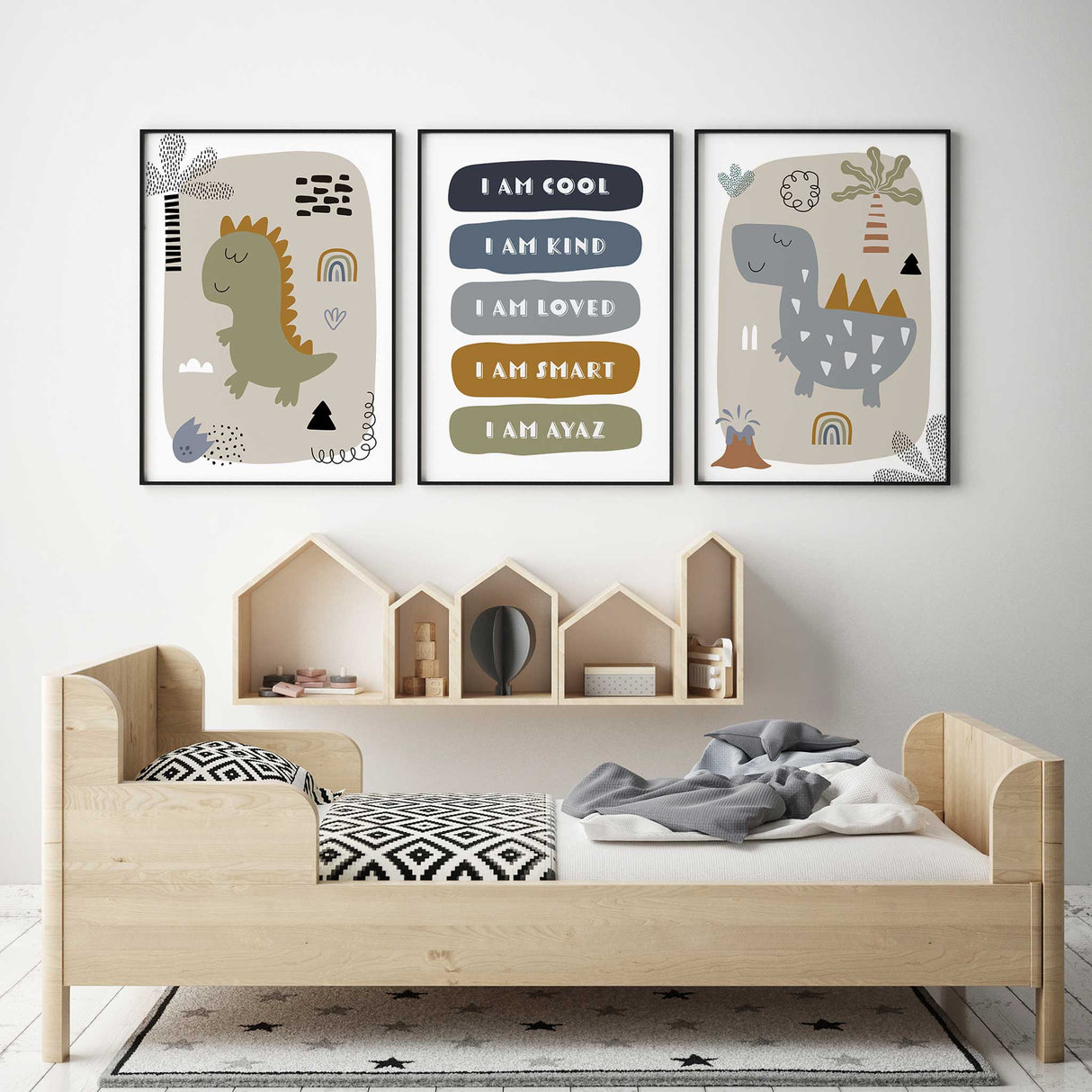 Personalised dinosaur nursery wall art with motivational quotes and cute illustrations