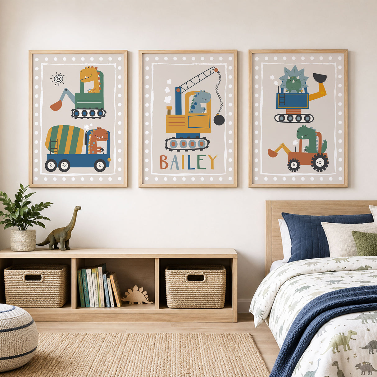 Three dinosaur construction prints, featuring diggers, a cement mixer and a personalised crane.