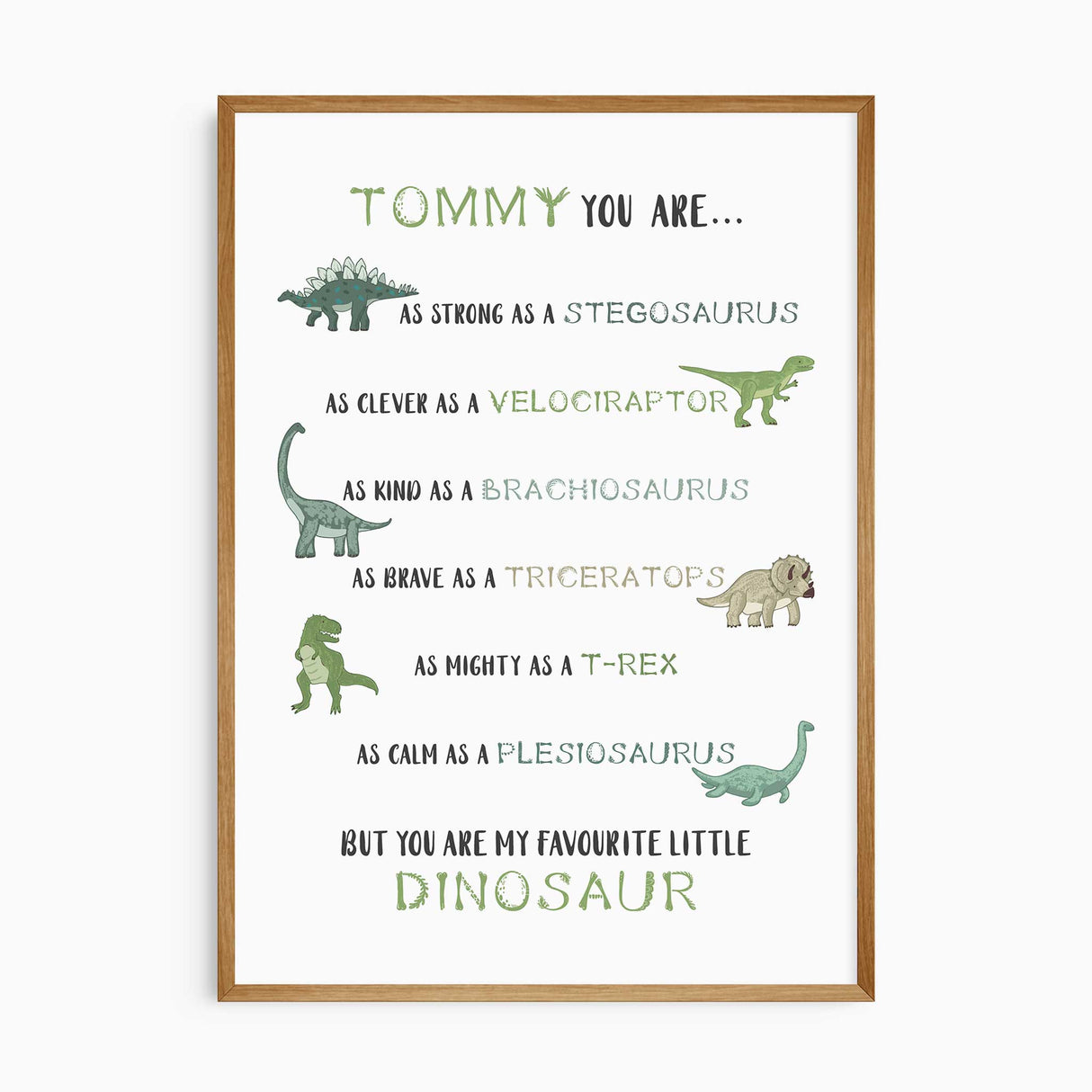 Custom dinosaur wall art with child’s name, six illustrated dinos including T-Rex and Triceratops.
