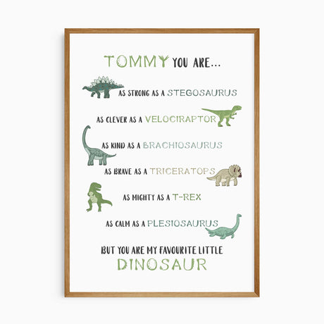 Custom dinosaur wall art with child’s name, six illustrated dinos including T-Rex and Triceratops.