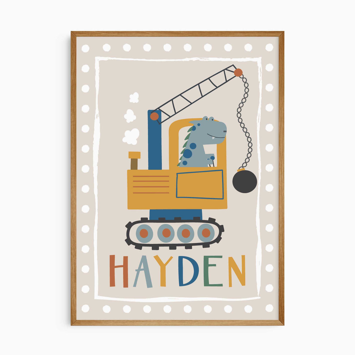 Personalised dinosaur construction prints featuring name art for boys room