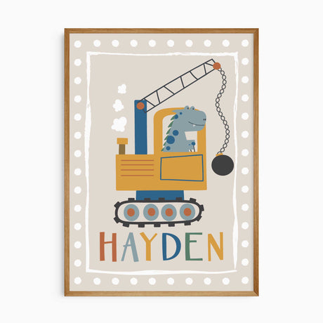 Personalised dinosaur construction prints featuring name art for boys room