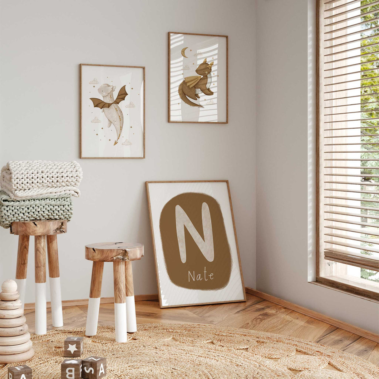 Custom name dragon nursery prints in warm neutral tones for boys