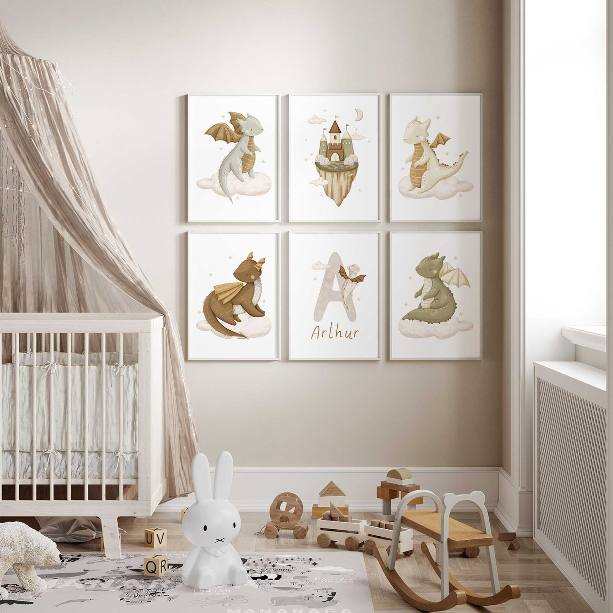 Personalised dragon nursery wall art set featuring baby dragon prints, a fantasy castle and custom initial name art in soft neutral tones