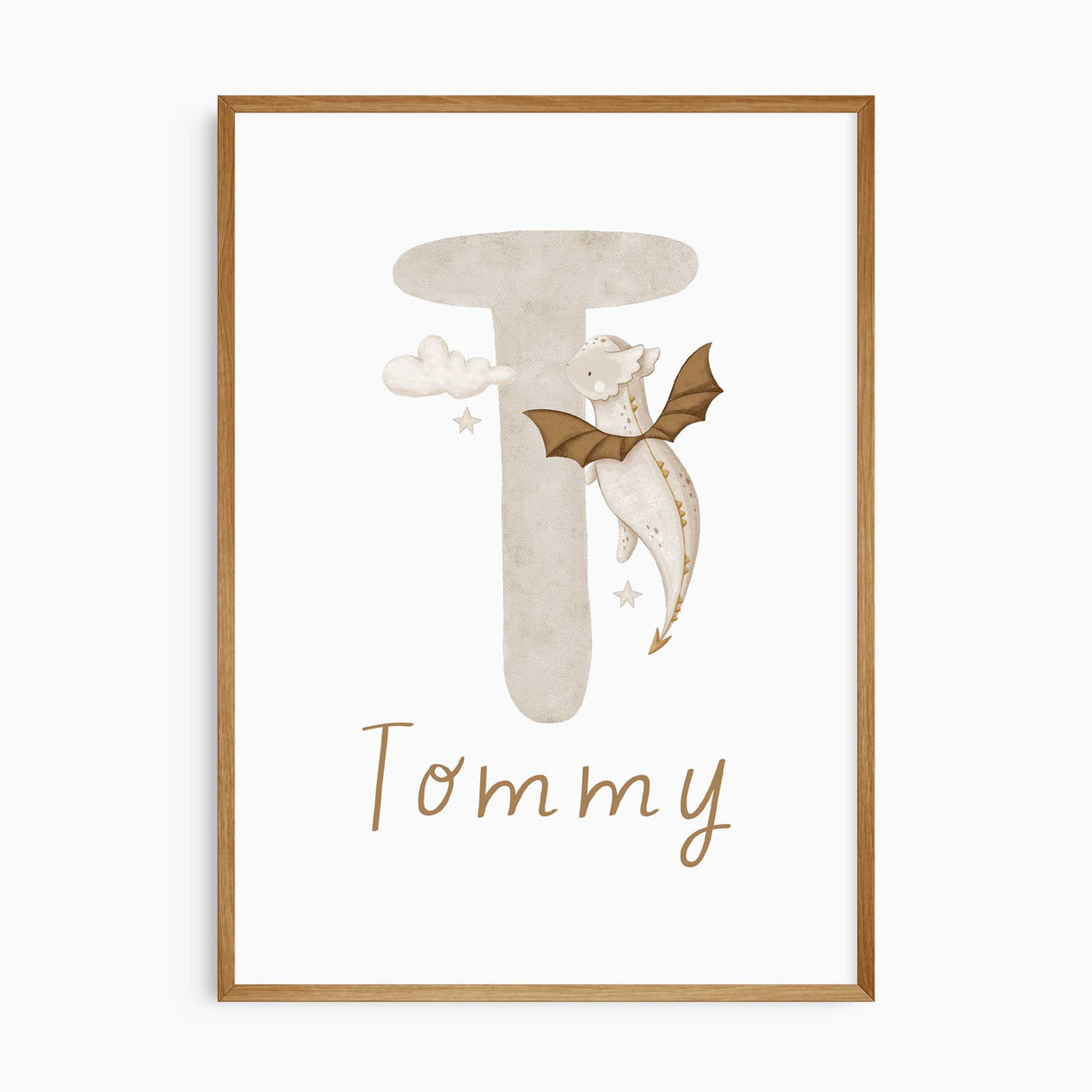 Custom dragon wall art print with child’s name and initial in soft fantasy style