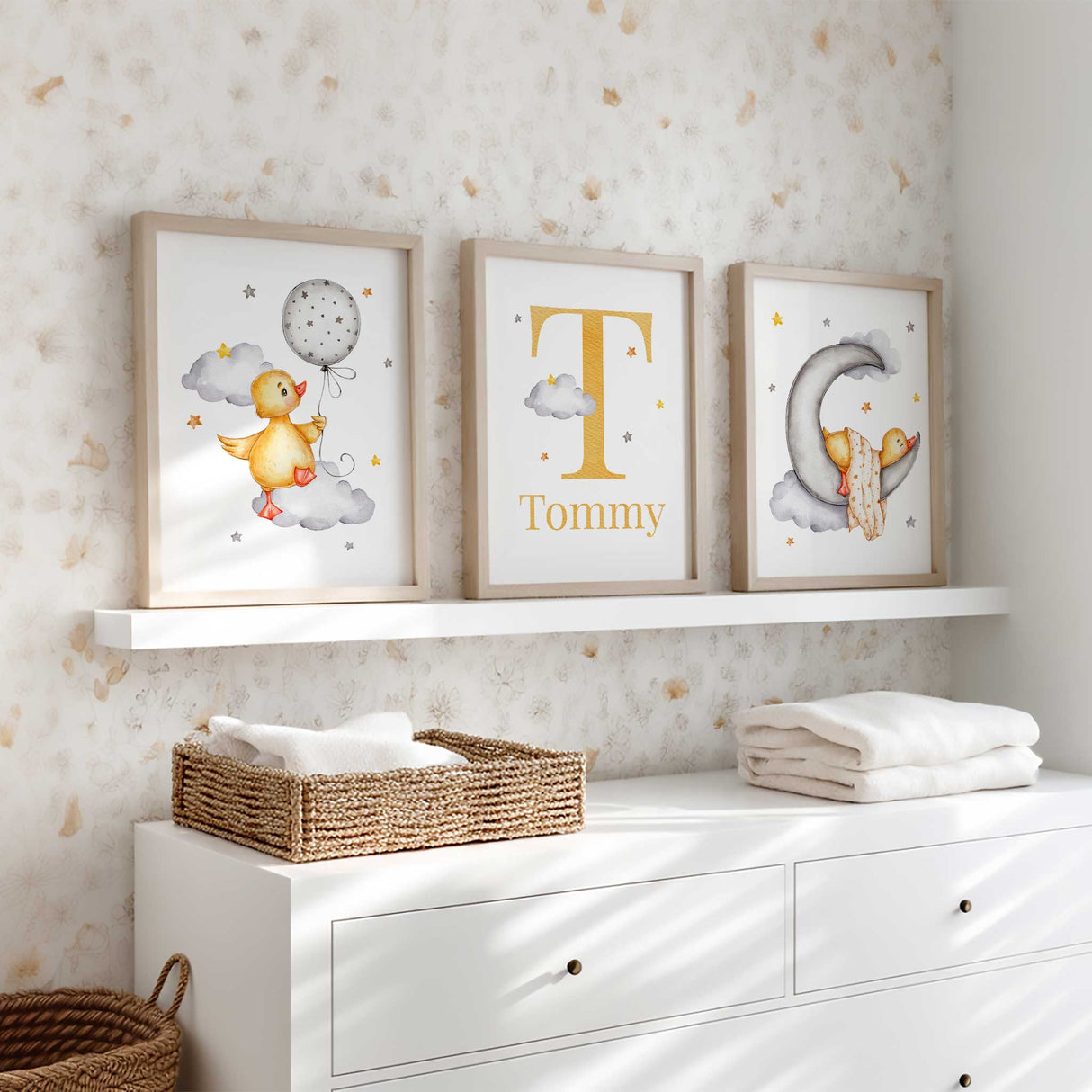 Personalised duck and moon wall art set of 3 prints for baby nursery or kids bedroom décor.