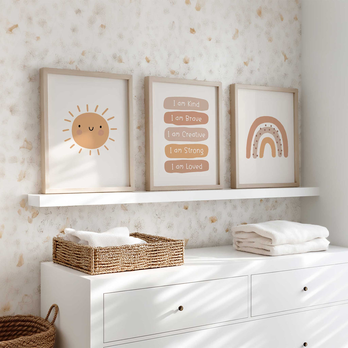 Personalised kids print set with positive I am statements, a smiling golden sun and a terracotta rainbow with dots.