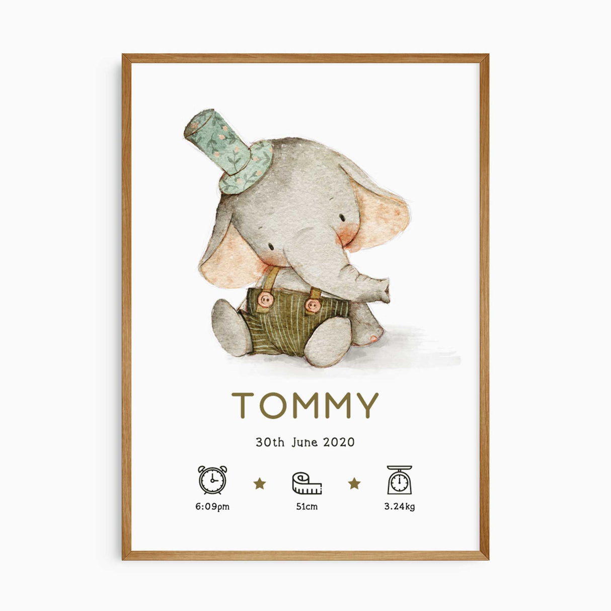 Personalised elephant birth print with baby stats and name, featuring cute elephant in green hat and overalls for boys’ nursery.
