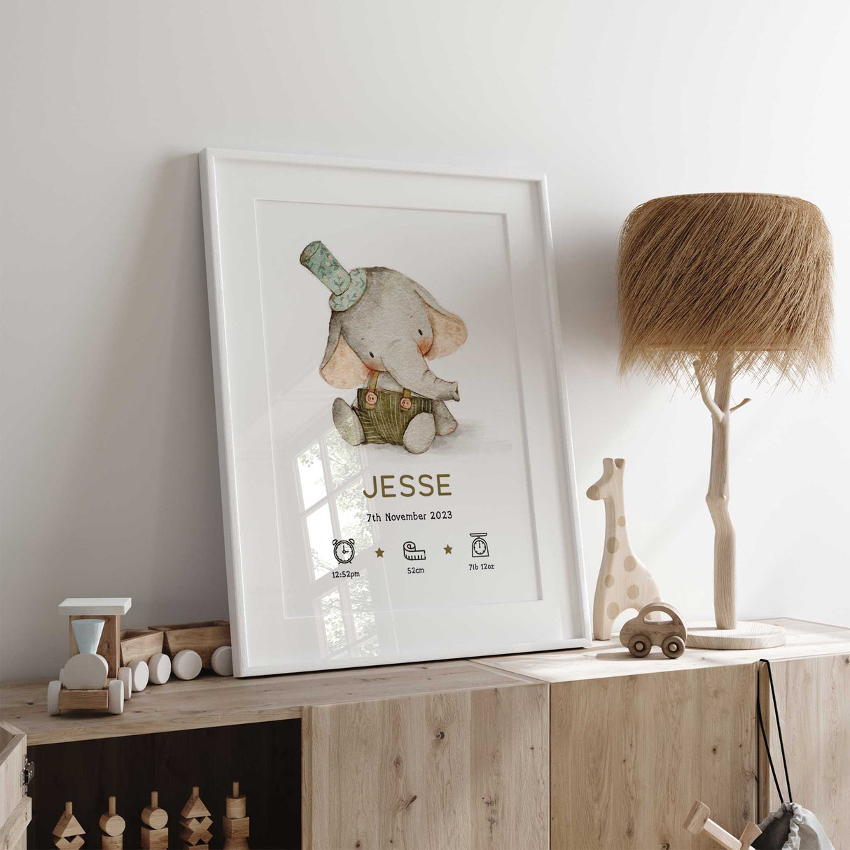 Personalised elephant keepsake print for boys nursery with custom birth details and soft neutral watercolour style.