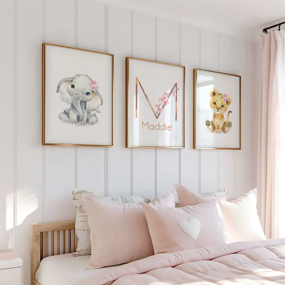 Personalised elephant and lion nursery prints with floral name artwork for girls