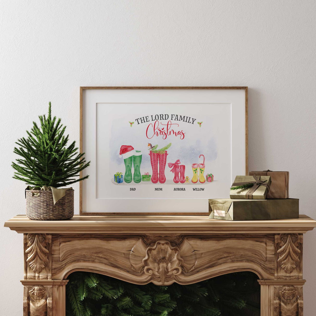 Personalised family Christmas print featuring festive wellies, names, and holiday accessories in a cosy farmhouse style.