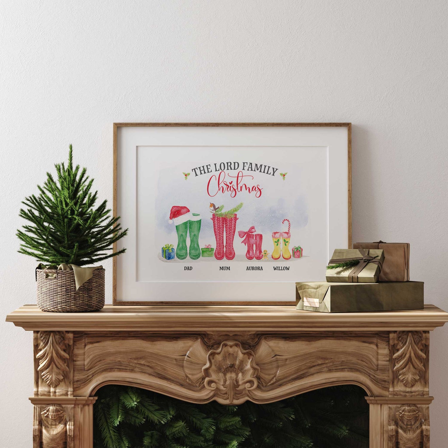 Personalised family Christmas print featuring festive wellies, names, and holiday accessories in a cosy farmhouse style.