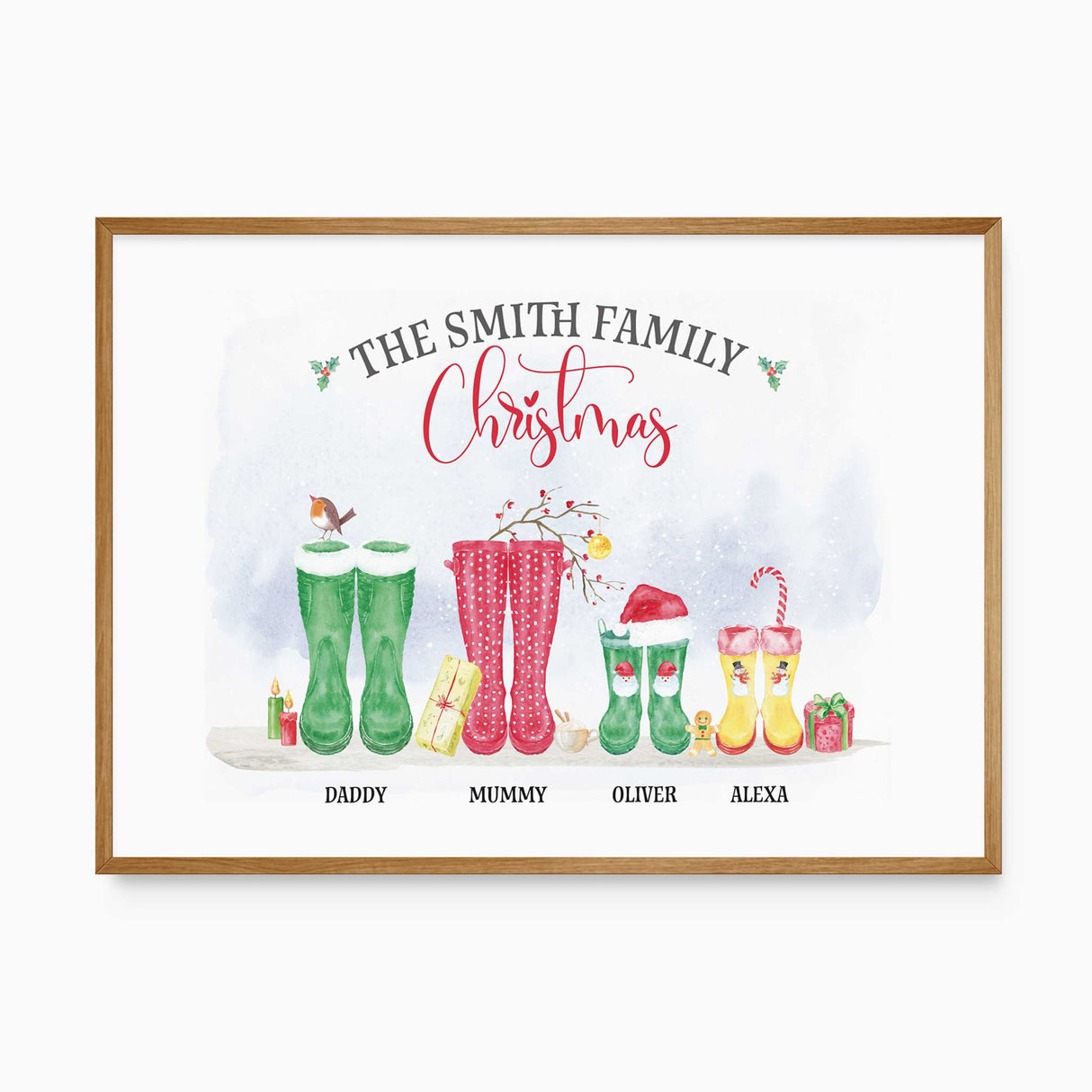 Personalised family Christmas wellies print with festive boots and names in a country farmhouse style.