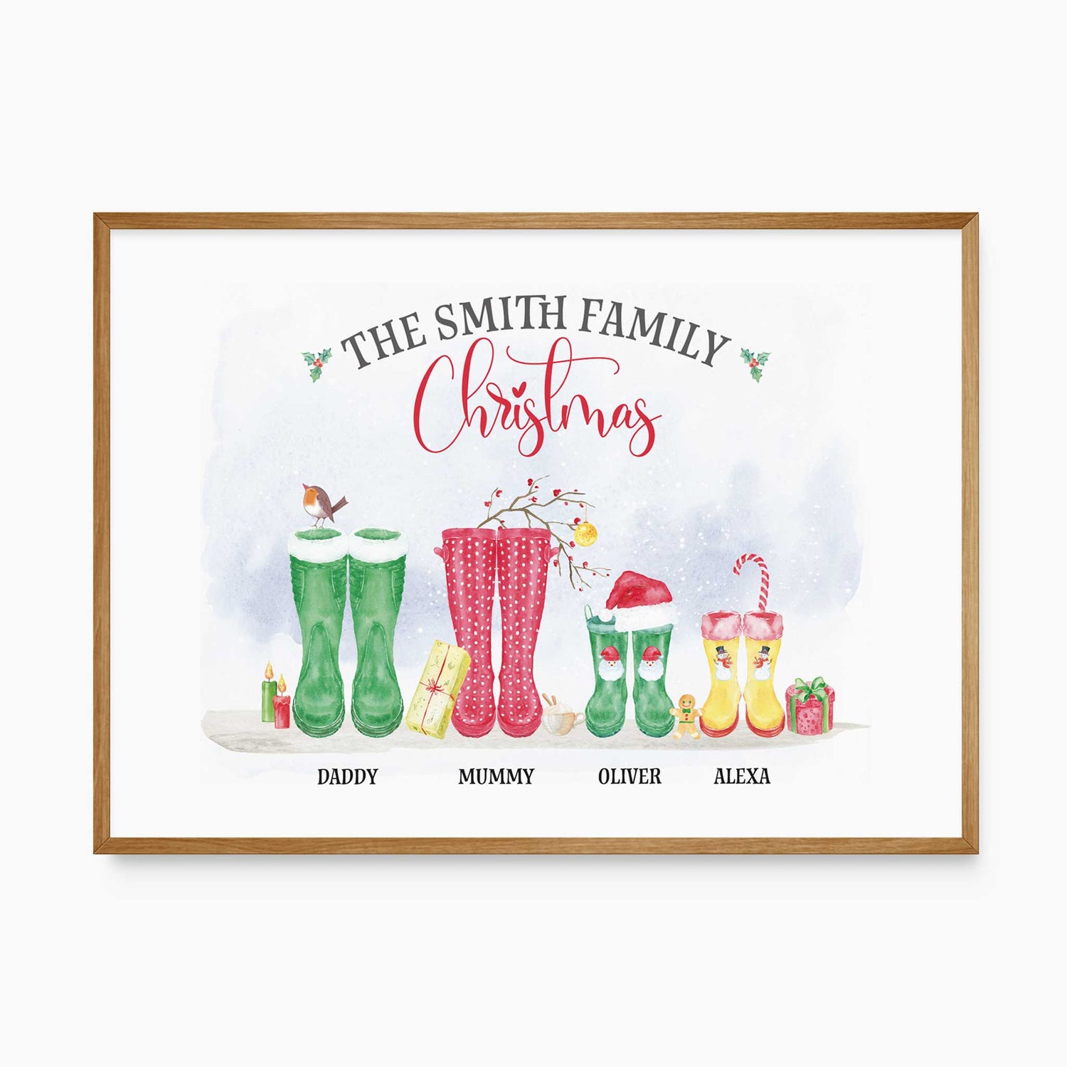 Personalised family Christmas wellies print with festive boots and names in a country farmhouse style.