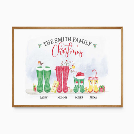 Personalised family Christmas wellies print with festive boots and names in a country farmhouse style.