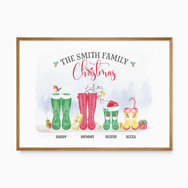 Personalised family Christmas wellies print with festive boots and names in a country farmhouse style.
