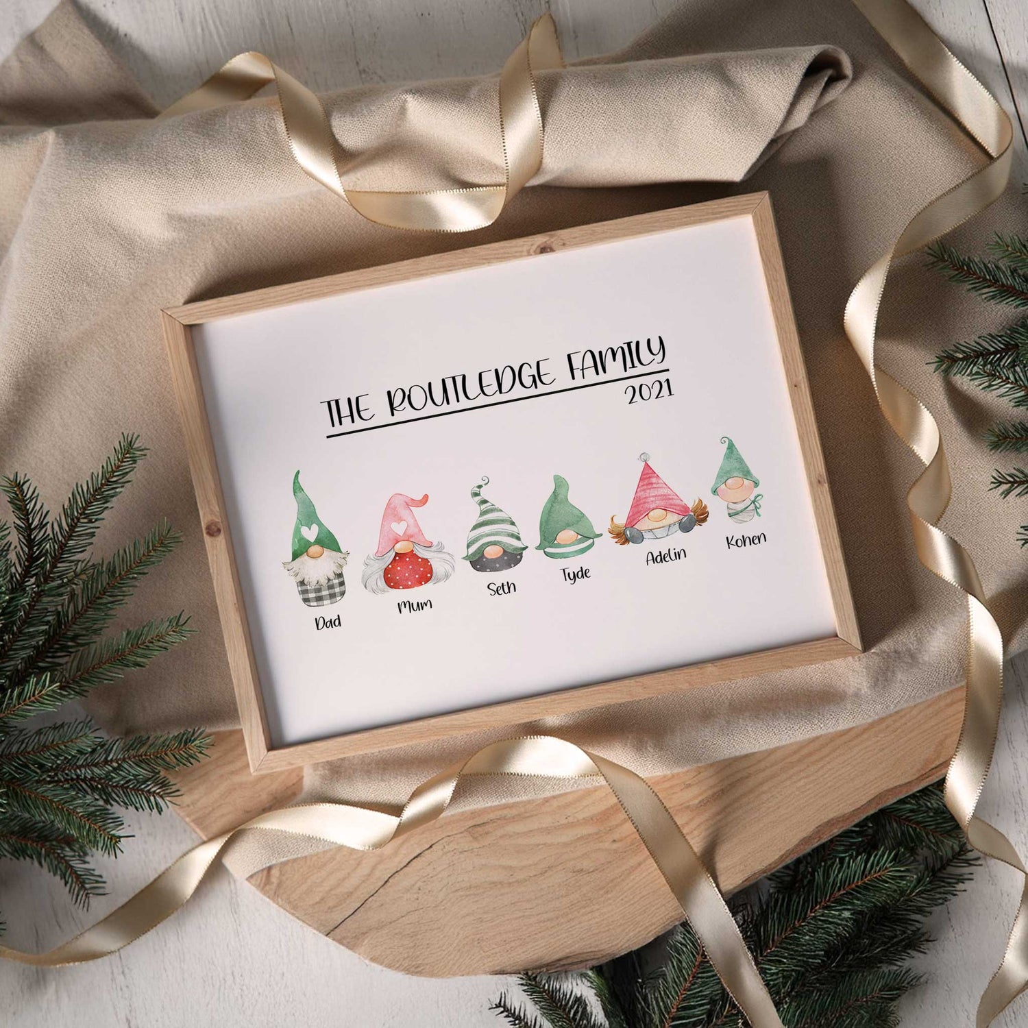 Personalised Christmas family gnome print with names and pets illustration