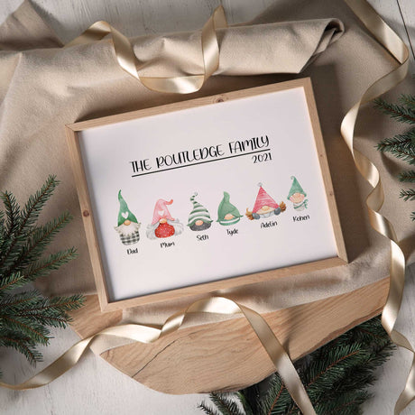 Personalised Christmas family gnome print with names and pets illustration