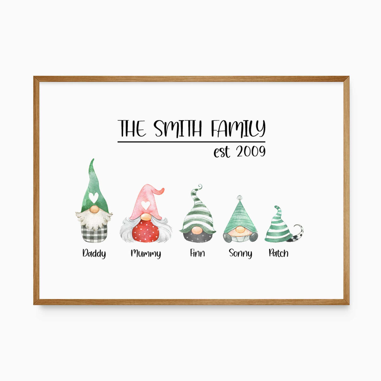 Personalised family gnome gonk print with names and year, Scandinavian style wall art for home décor.