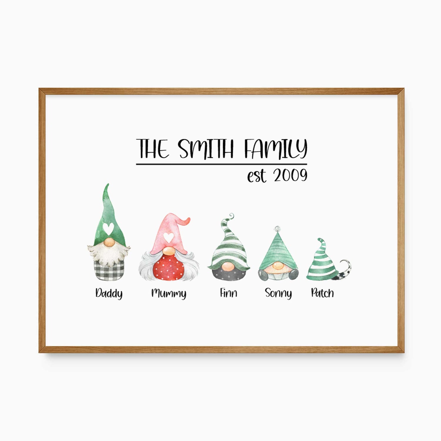 Personalised family gnome gonk print with names and year, Scandinavian style wall art for home décor.