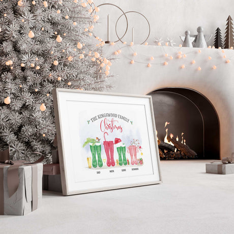Personalised family Christmas print with festive wellington boots and names illustration