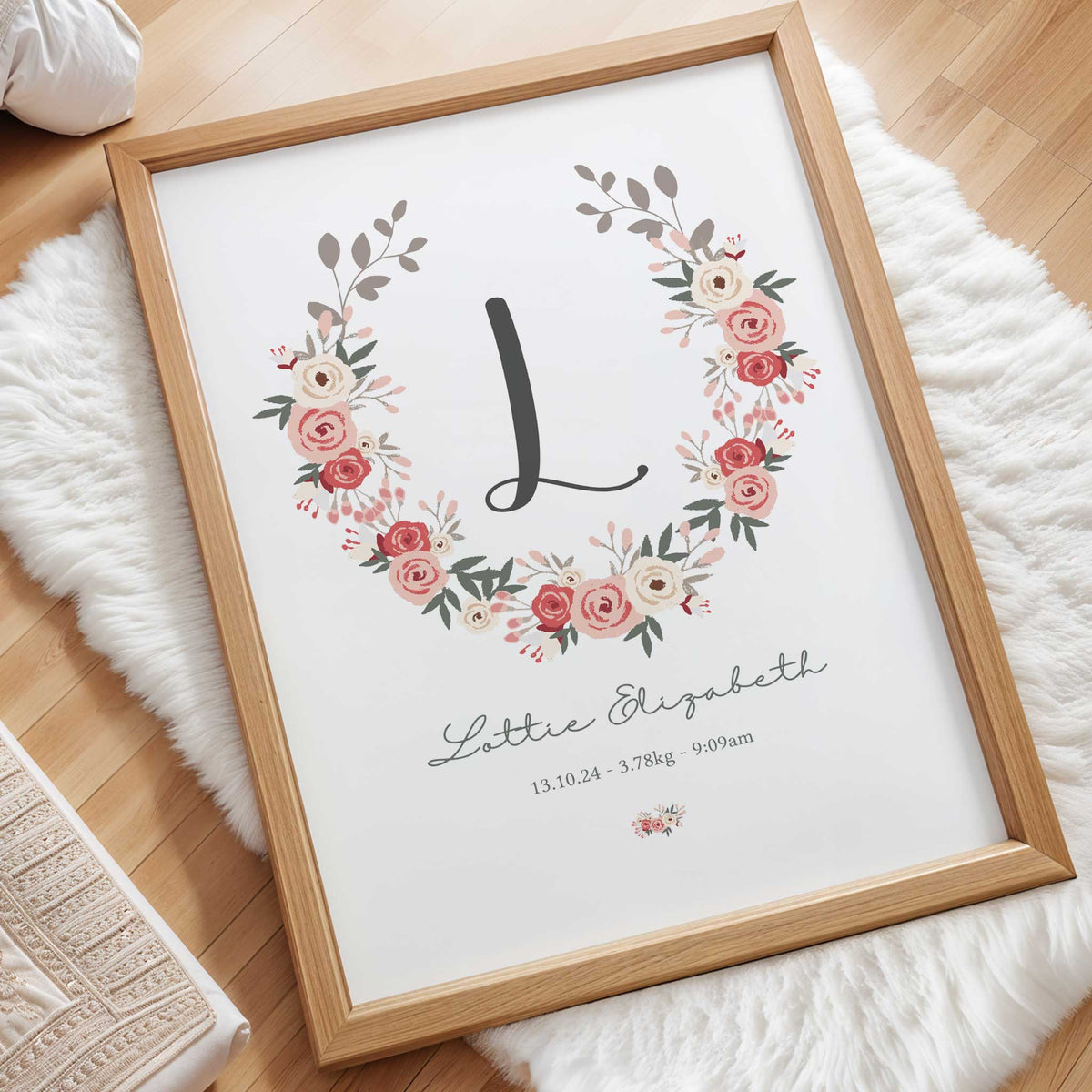 Personalised floral initial birth print with large letter inside pink and cream flower wreath, name, date, weight and time
