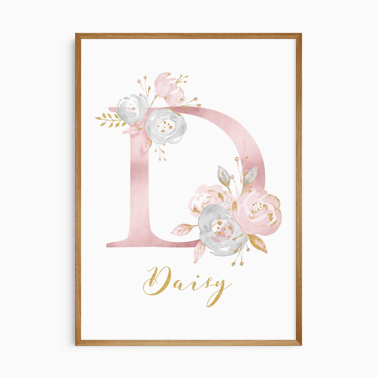 Personalised floral initial and name print with a blush flower letter initial and gold-style script for a girls bedroom.