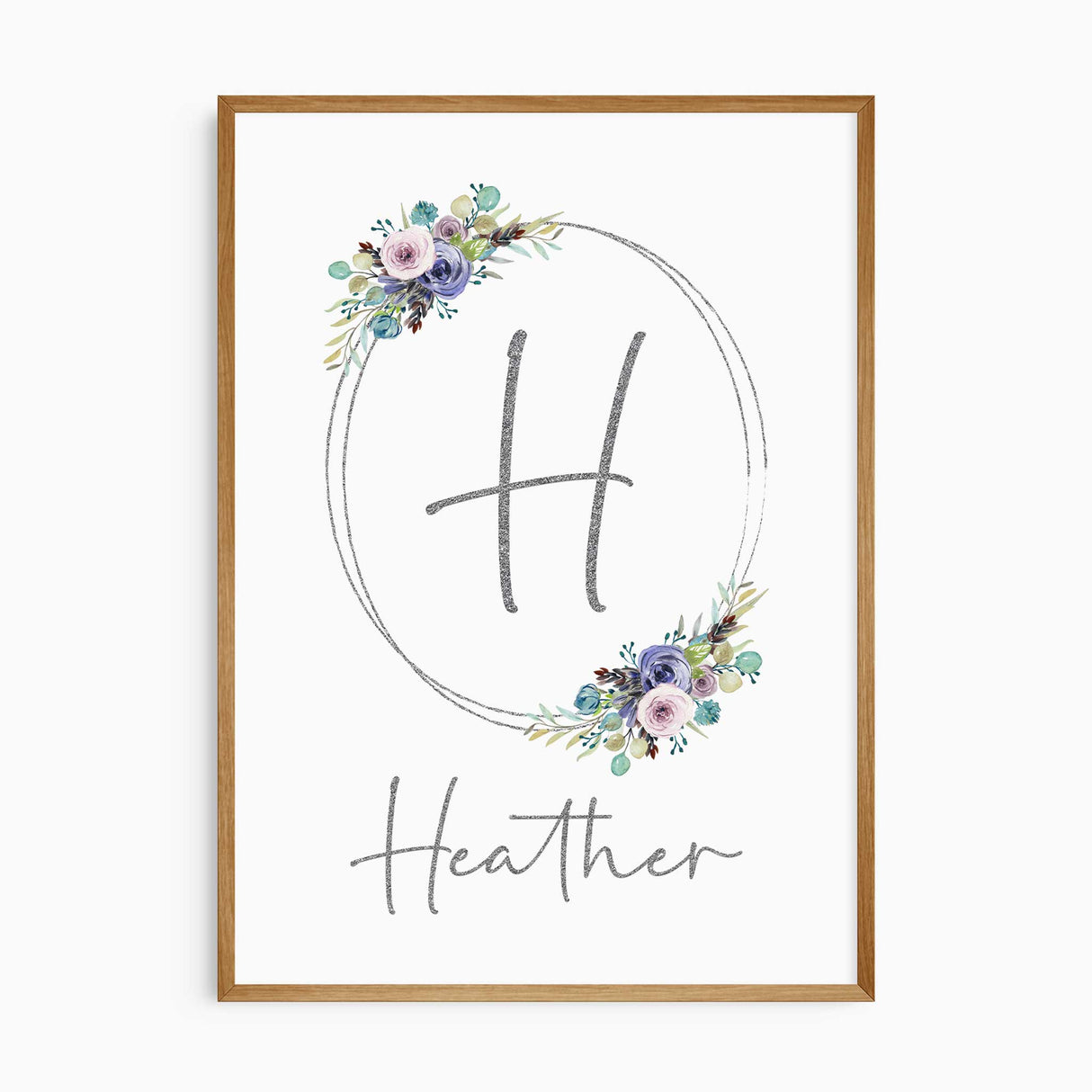 Personalised floral initial nursery print with soft pastel flowers for girls room decor.