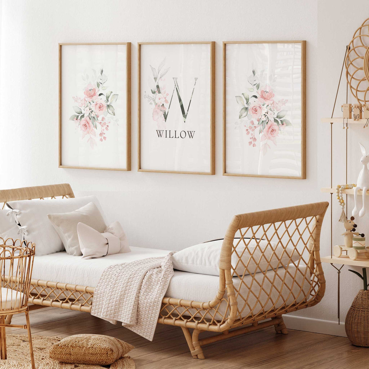 Personalised floral nursery wall art set of 3 with blush pink flowers and custom name print