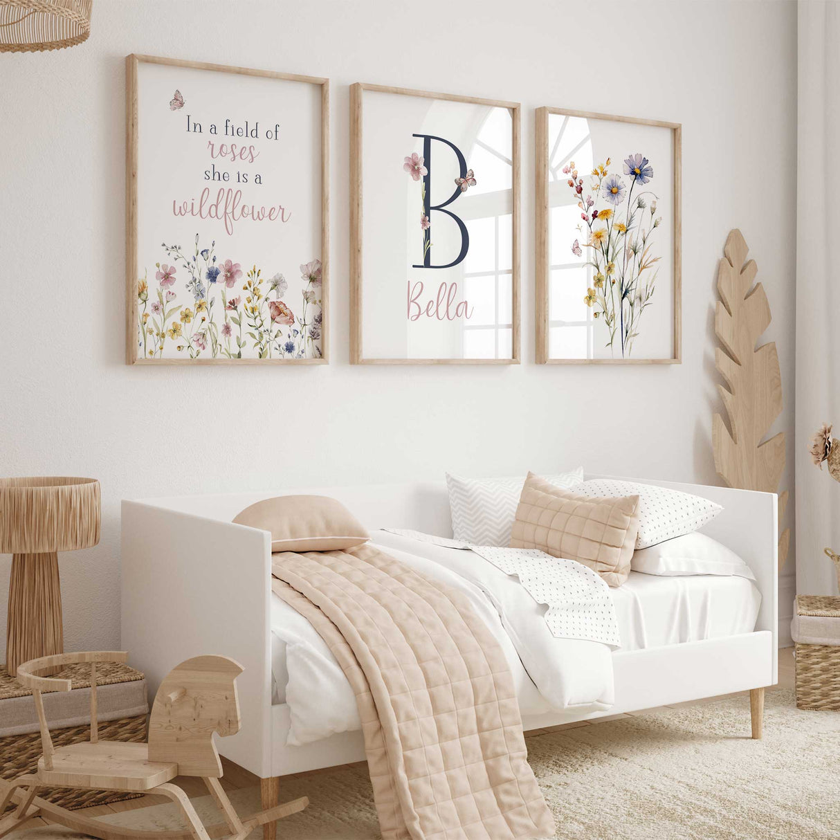 Personalised wildflower wall art set for girls bedroom