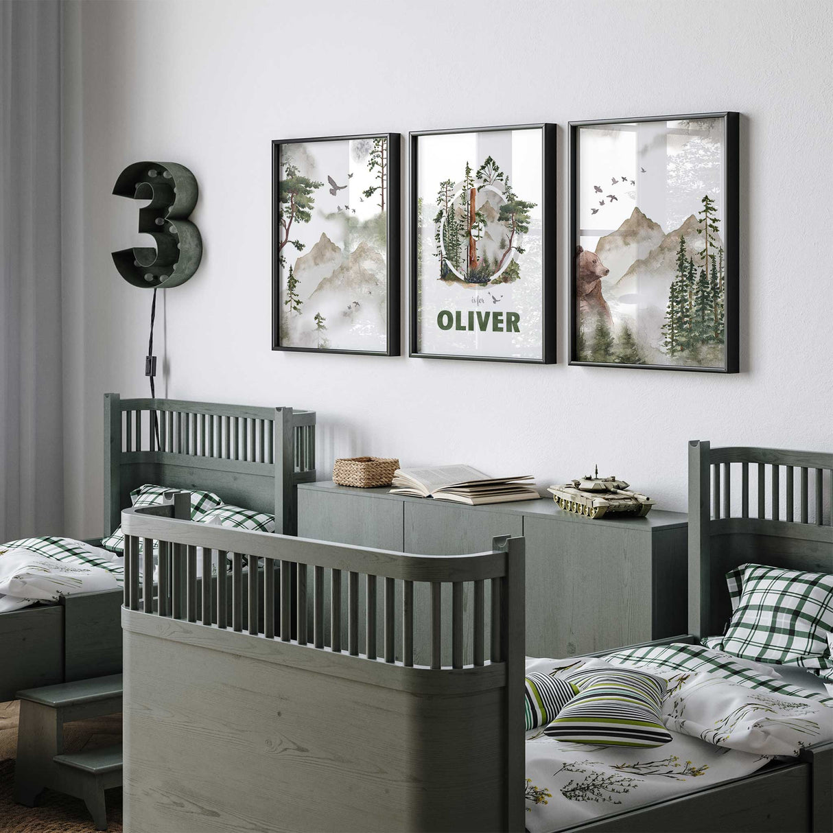 Custom initial wall art with trees and elk personalised nursery print for boys