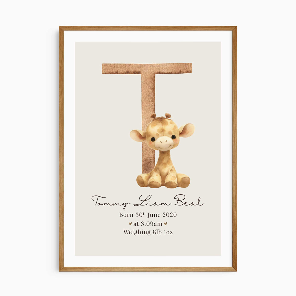 Personalised giraffe nursery print featuring custom baby name and birth stats in safari animal theme