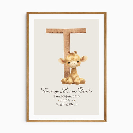 Personalised giraffe nursery print featuring custom baby name and birth stats in safari animal theme
