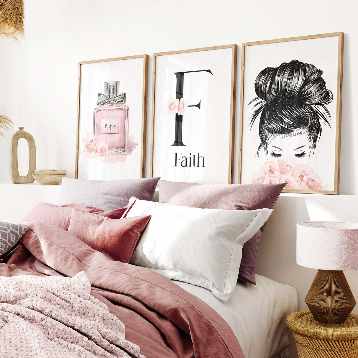 Personalised girls wall art set with pink perfume bottle, floral initial print and fashion portrait in soft blush tones