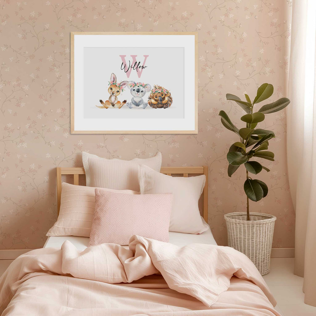 Personalised girls nursery wall art with Australian animals and floral crowns