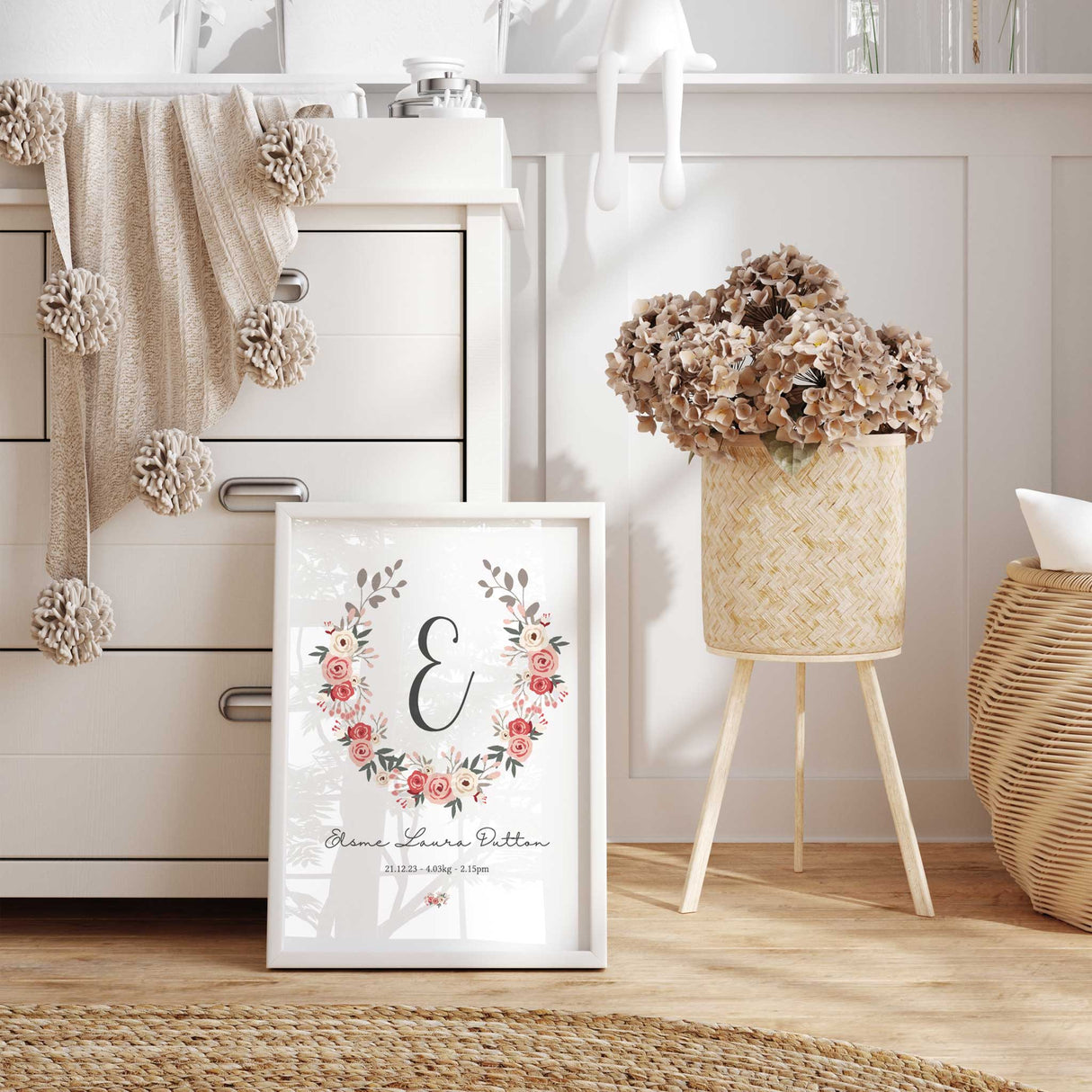 Personalised girls nursery floral name print with blush flowers and custom initial