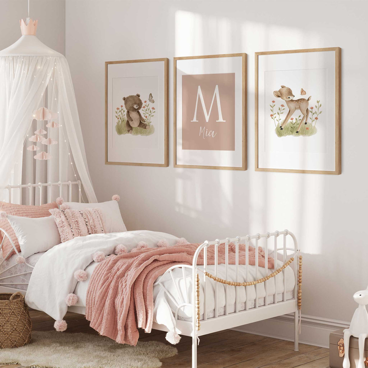 Personalised girls nursery print set with pink background and woodland animals