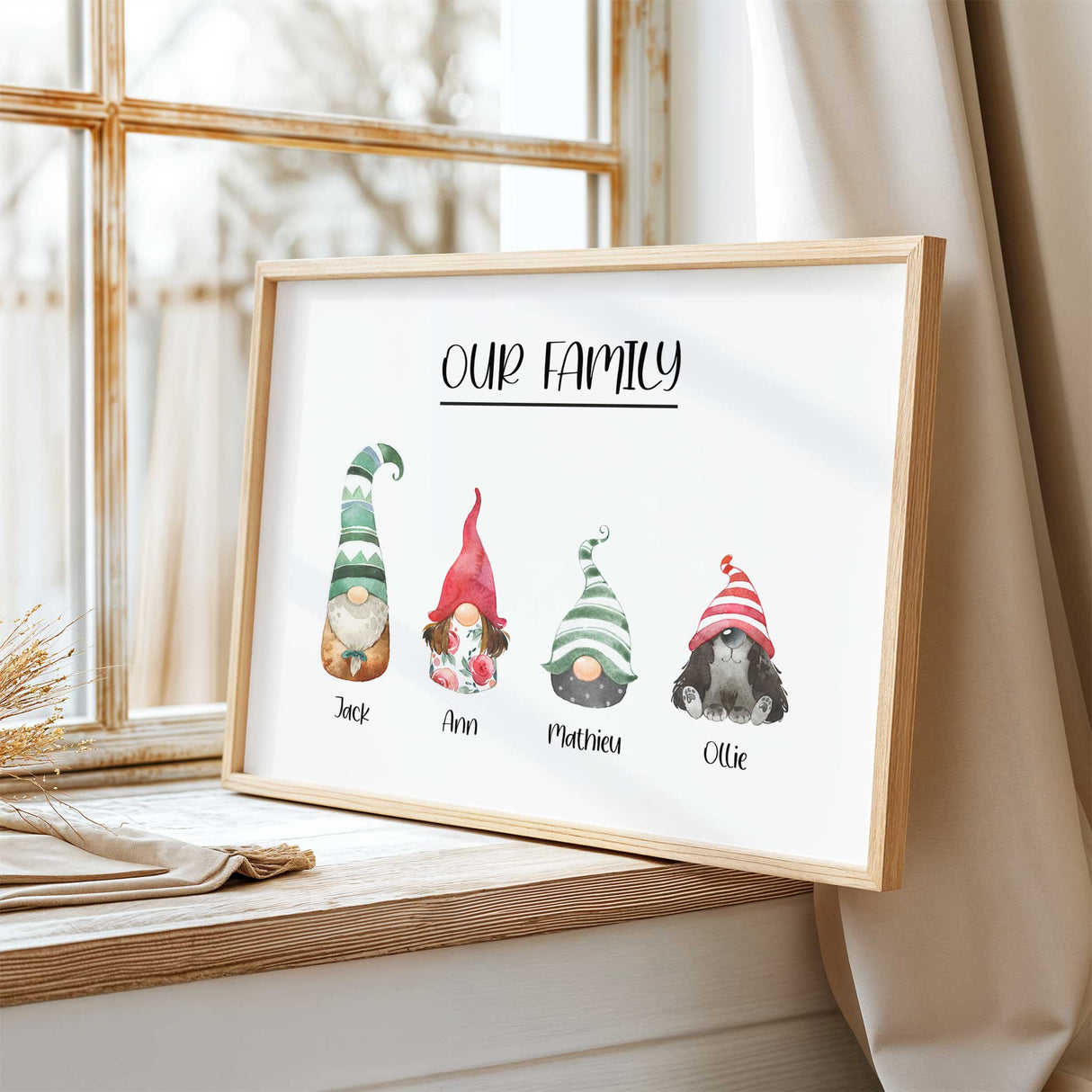Customisable gonk family wall art print, modern gnome Scandinavian home decoration.