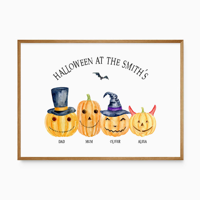 Personalised Halloween pumpkin family print with surname, custom jack o’lantern wall art for seasonal décor.