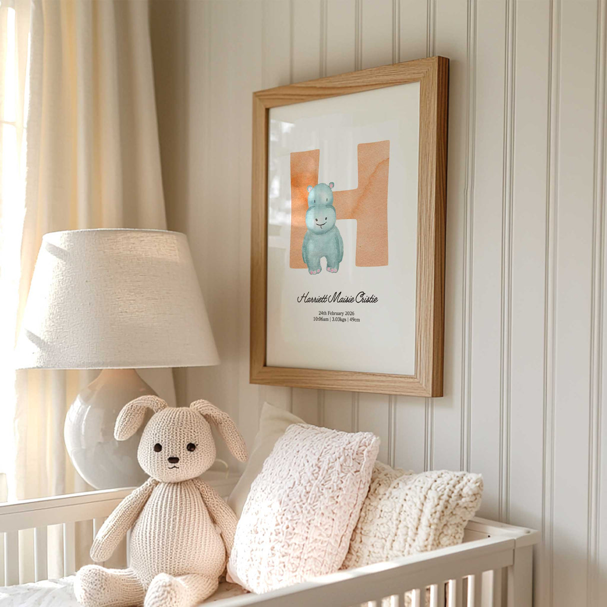 Personalised initial animal birth announcement print with custom name and baby birth details