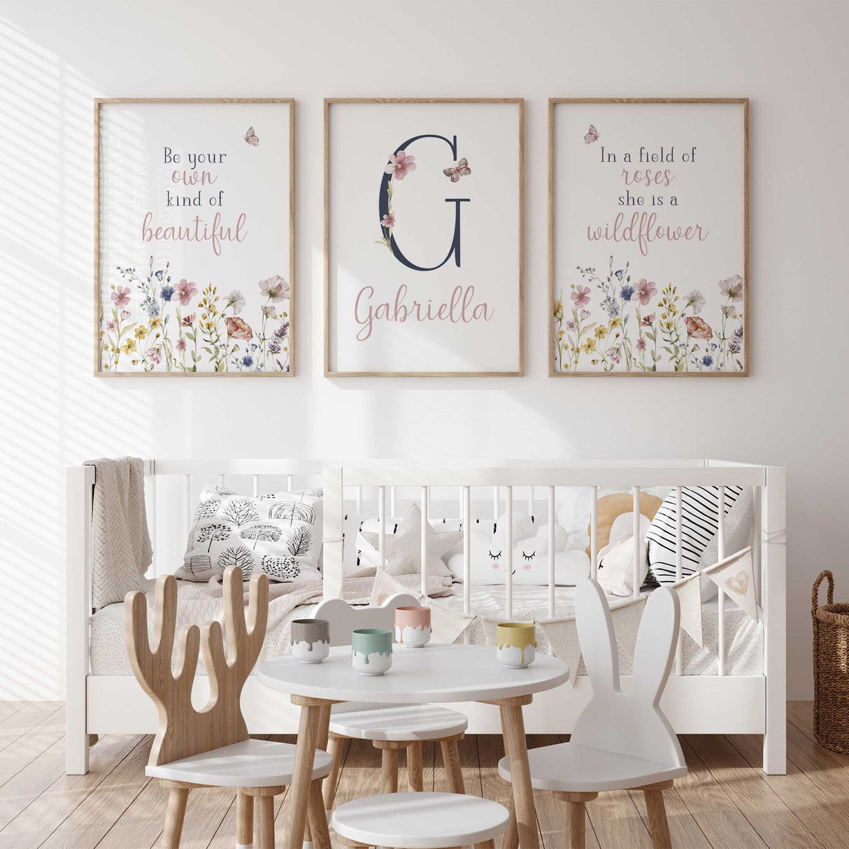 Personalised initial and name wall art with soft pink wildflowers for girls room