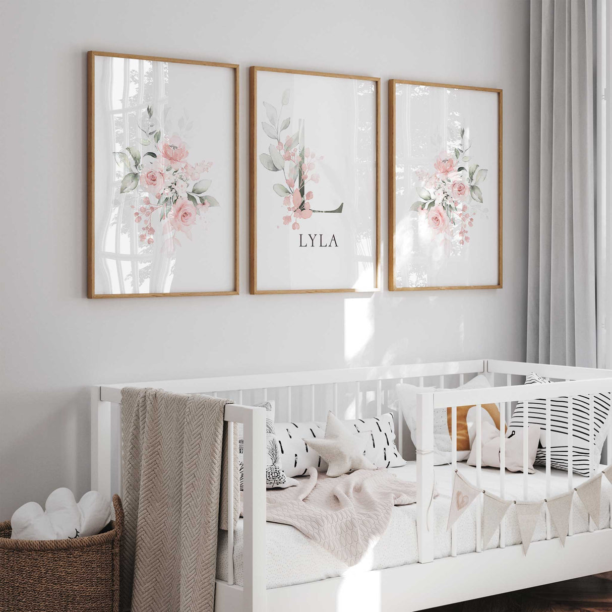 Personalised initial and name nursery wall art with soft floral design