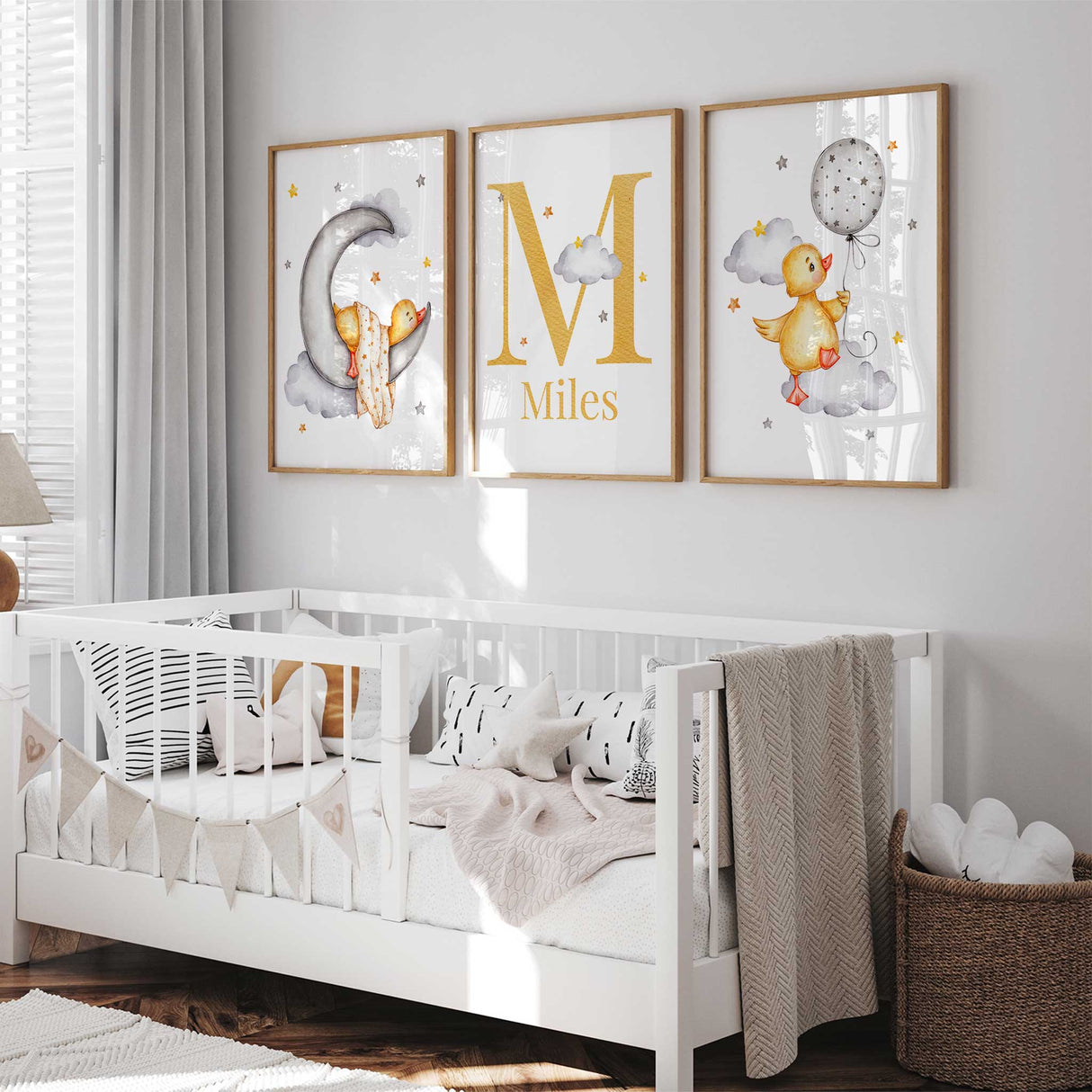 Personalised name and initial nursery print with stars and clouds in gender neutral tones.